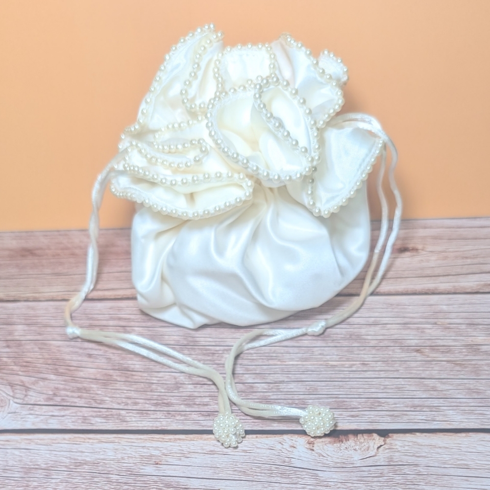 Elegant Pearl-Embellished Eggshell White Satin Bridal Bag